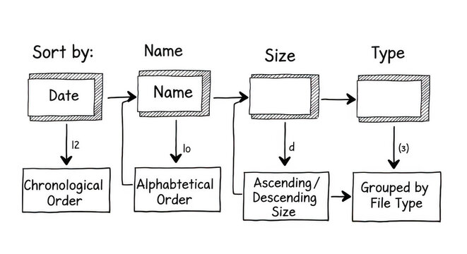 Hand-drawn flowchart on a black background, illustrating computer file, sorting options by, date, name, size, and file type, with