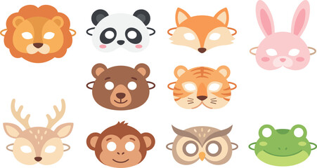 Obraz premium Cute Animal Face Masks Vector Set with Cartoon Style Characters for Children Party Costumes, Birthday Activities, and Creative Kindergarten School Crafts