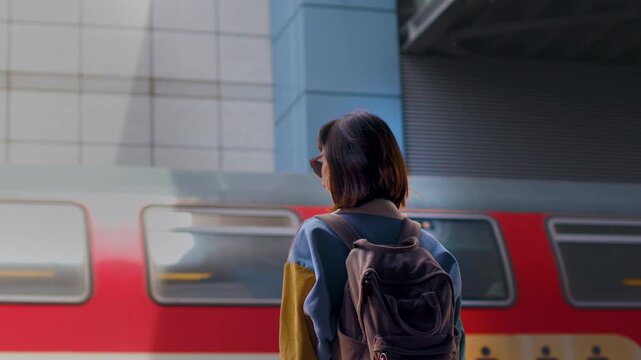 A girl with a backpack waits on a train platform, a city scene with a passenger, a red train car, and the modern architecture of a train station. The girl stands on the platform.