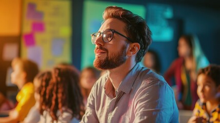 Obraz premium Focused male teacher observes his students in a colorful classroom setting.