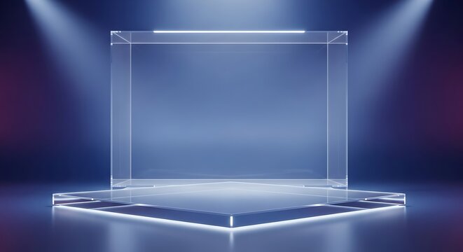Empty transparent glass cube display stage with glowing edges and spotlights on a reflective surface and dark background.
