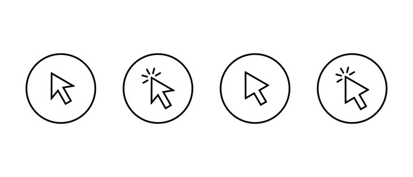 Mouse cursor arrow outline icon set in circular outline. Computer pointer and digital click symbol