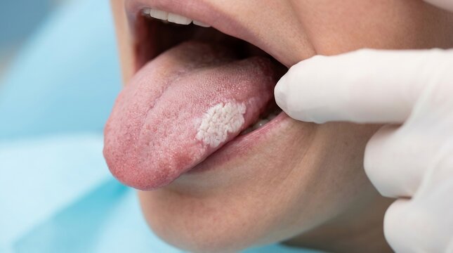 Close-up of a human tongue with a white patch during a medical examination by a gloved professional