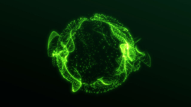 Green glowing particle sphere with digital energy motion on dark background, futuristic AI data core loop for cyber technology and science visuals