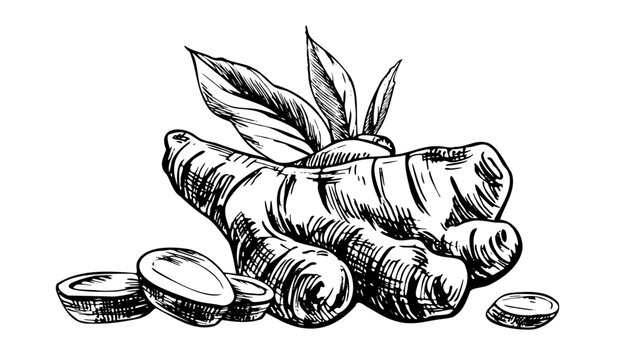 Ginger root with leaves and sliced pieces. Hand drawn ink illustration in engraving style. Organic botanical spice for healthy food, cooking ingredient, aroma and herbal medicine.