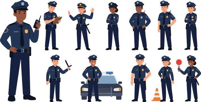 Set of Cartoon Police Officers in Uniform with Various Poses for Law Enforcement, Security, Traffic Control, and Patrol Vector Illustration