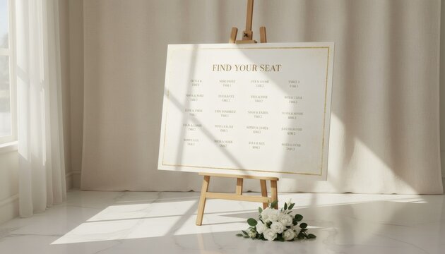 Elegant wedding seating chart design on a wooden easel with white rose flowers in a bright minimalist interior, representing a modern marriage celebration planning concept