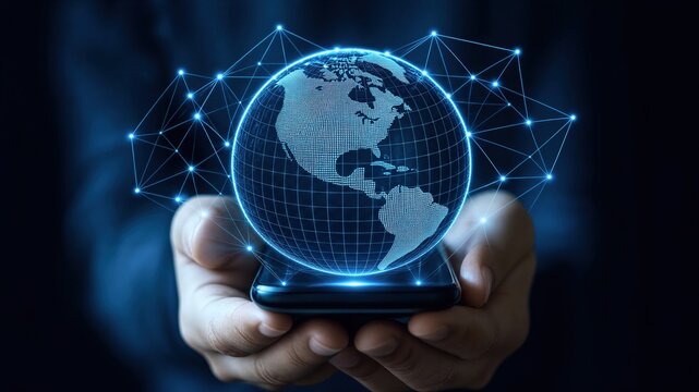 Hands Holding Smartphone with Tech Globe & Network Connections Poster Global Interconnection Digital Business Future‑Tech Concept Design