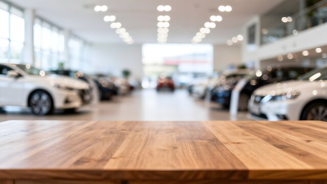 Wooden table in car showroom