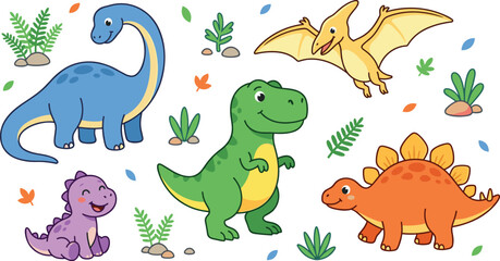 Cute Dinosaur Cartoon Character Vector Set with Tyrannosaurus Rex, Brachiosaurus, Stegosaurus, and Pterodactyl Icons for Prehistoric Kids Birthday and Nursery Designs © Lota