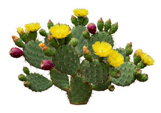 Prickly pear cactus bush with vibrant yellow flowers and ripening purple fruits, isolated on a solid black background, with a white border