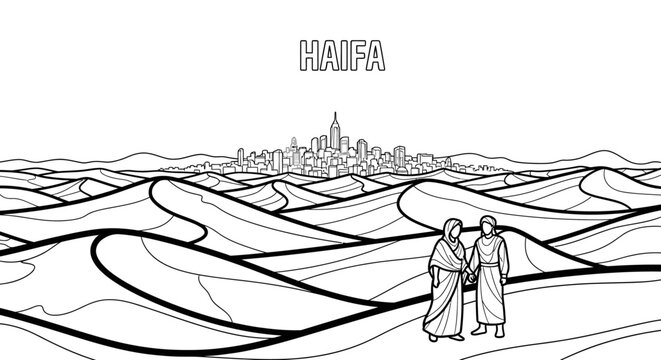 Illustrated couple walking towards stylized city of Haifa.