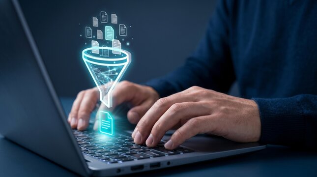 AI query processing and ranked document matching system. Intelligent search relevance scoring and retrieval filtering. Businessman using laptop computer.