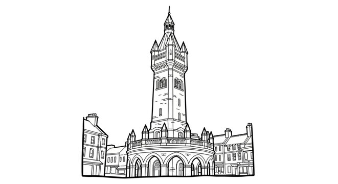 Detailed Line Drawing of Historic Gothic Clock Tower Building.