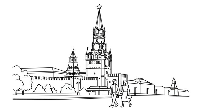 Iconic Kremlin Tower with Pedestrians in Illustration Style.