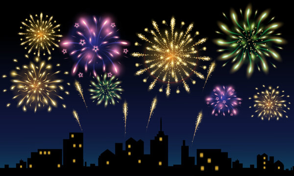 Colorful fireworks explode over dark city skyline at night. Festive background conveys the joy and atmosphere of New Year or Independence Day with bright lights and glowing stars.