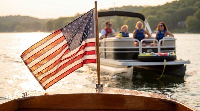 Patriotic American flag boat lake getaway Fourth July Independence Day Americana summer family &mdash; serene weekend nautical scene for marina advertising boat dealership and waterfront rental marketing