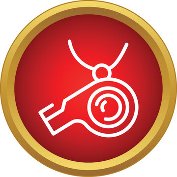 Round red icon with a white outline of a whistle for sports and coaching