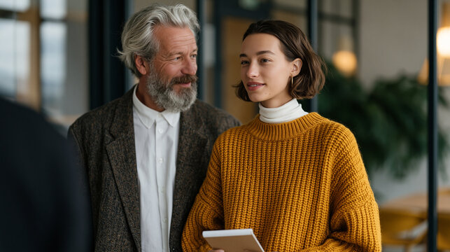 Startup founder receiving unsolicited advice from older male mentor after pitch practice session, subtle power dynamic visible in posture and eye contact, overcast light in glass conference room, he