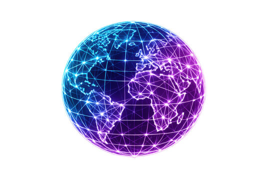 Neon digital globe with blue and purple network lines, connected nodes and world map outlines, isolated PNG on transparent background for global technology, internet, data and communication