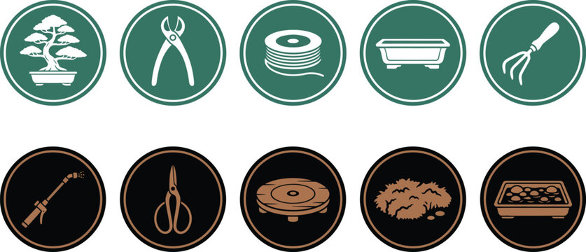 Bonsai tree care icons with tools and supplies Vector