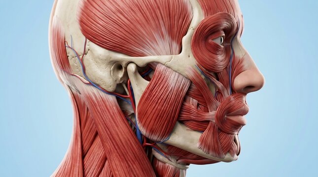 Detailed 3D anatomical render of human head and neck muscles showing the jaw and facial musculature in profile view