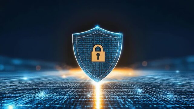 Glowing digital shield with lock symbol for cybersecurity and data protection