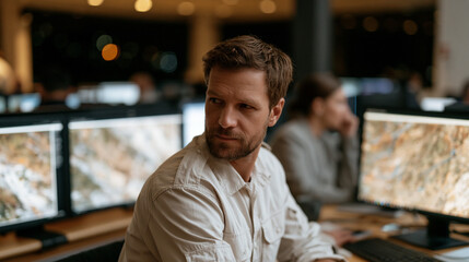 Fototapeta premium Growing startup operations team crowded around single desk reviewing automated inventory management system rollout, warm overhead lighting in stockroom, boxes stacked behind them representing physic