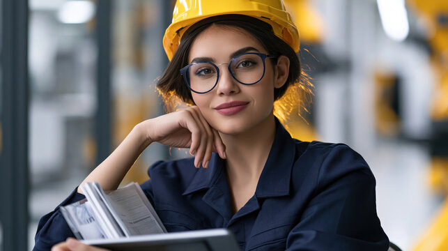 Confident female engineer woman safety helmet industrial workplace professional portrait factory background blue coverall engineer glasses modern industry technical document focused expression