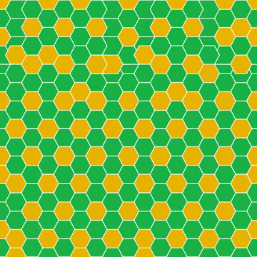 Hexagonal pattern in green and gold with white outlines for technology or nature concepts in vector illustration