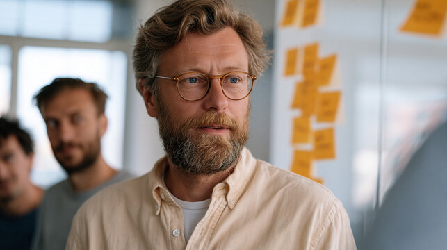 Engineering lead whiteboarding microservices migration plan with two developers, afternoon overcast light through frosted office glass, sticky notes clustering technical debt items as team debates w
