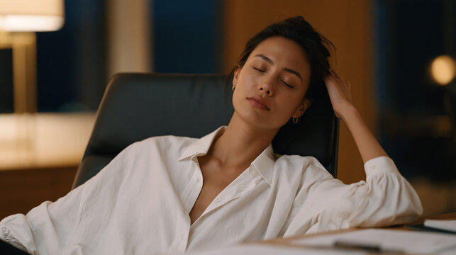Exhausted but resolute female founder slumped in ergonomic chair after closing series A funding round, empty conference room, signed term sheet visible on table, late evening warm lighting, mix of r