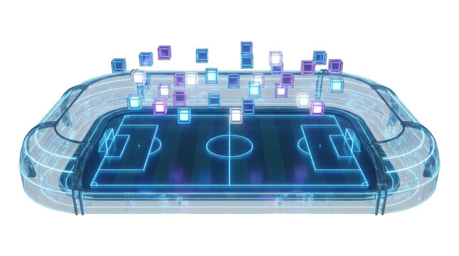 Glowing blue holographic soccer stadium with floating illuminated square data nodes on a black background, digital sports arena visualization