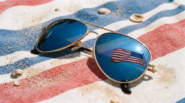 July Fourth sunglasses beach towel American flag summer patriotic vacation flag reflected in lenses on striped towel suggests coastal holiday leisure road trips pool parties concept