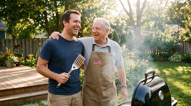 July Fourth father son barbecue grill patriotic backyard family holiday two generations laughing beside smoky grill express family bonding mentorship and holiday cookout tradition for lifestyle