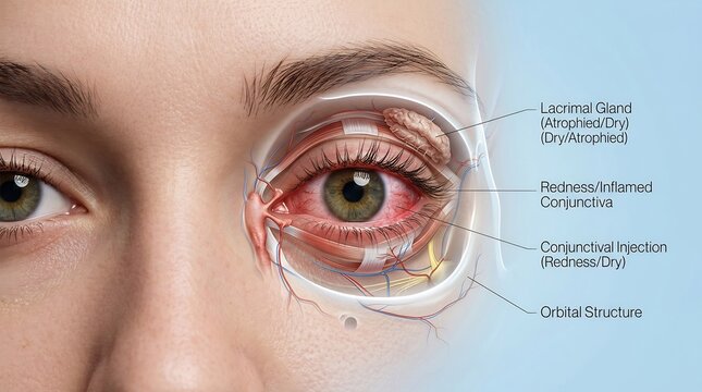 Anatomical medical illustration of a human eye showing ocular inflammation and dry eye symptoms