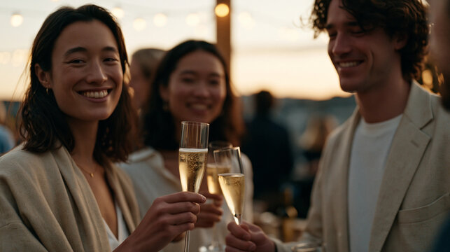 Early-stage founding team celebrating first enterprise contract signing around standing bar table, vibrant rooftop venue at dusk, champagne flutes raised but exhausted faces betraying awareness that