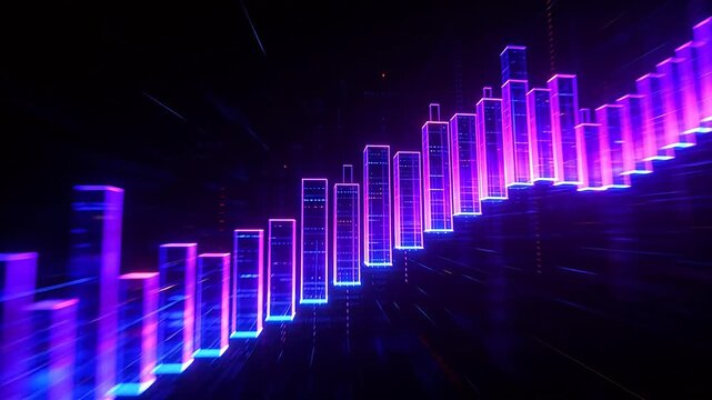 Futuristic digital scene with glowing neon purple and blue transparent columns in wave arrangement