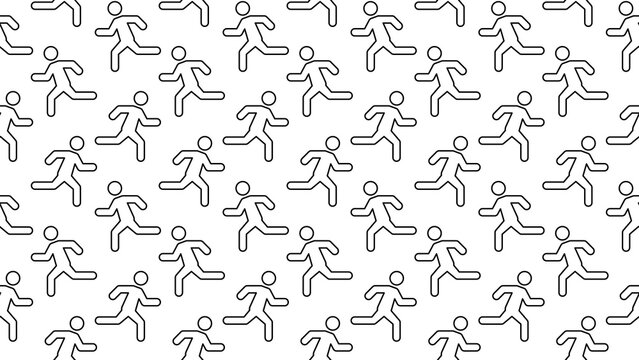 Seamless repeating pattern of running human figures in line art style, inspired by emergency exit symbols on a transparent background. For safety, emergency, human symbols, and movement concepts.