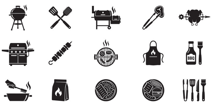 BBQ and grill icon set. Barbecue equipment, food, and cooking tools symbols. Vector illustration. EPS 10.