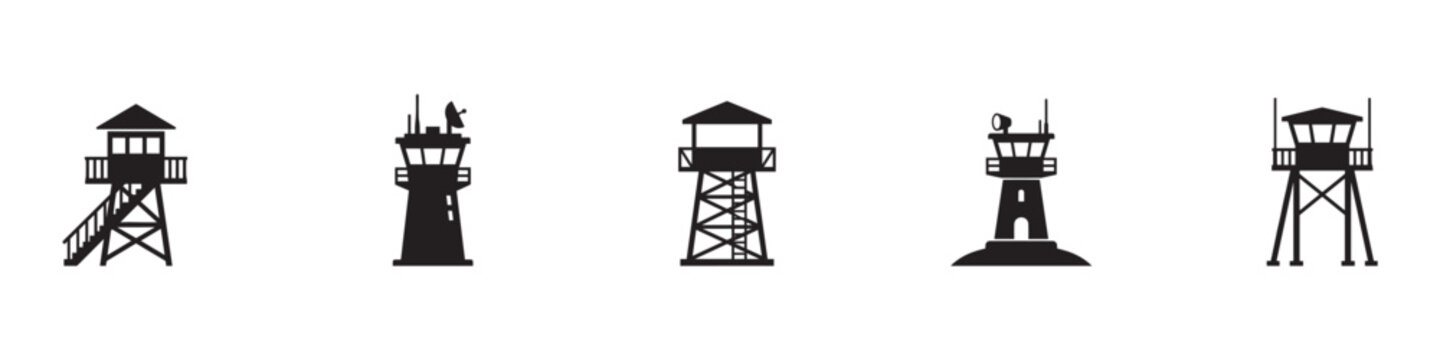 Watchtower and guard tower icon set. Security and surveillance structures symbols. Vector illustration. EPS 10.