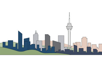 Obraz premium Modern city skyline with sleek skyscrapers and tower at sunset