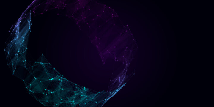 Abstract dark glowing cyan and purple digital plexus wireframe sphere background for modern cyber technology presentation and web design