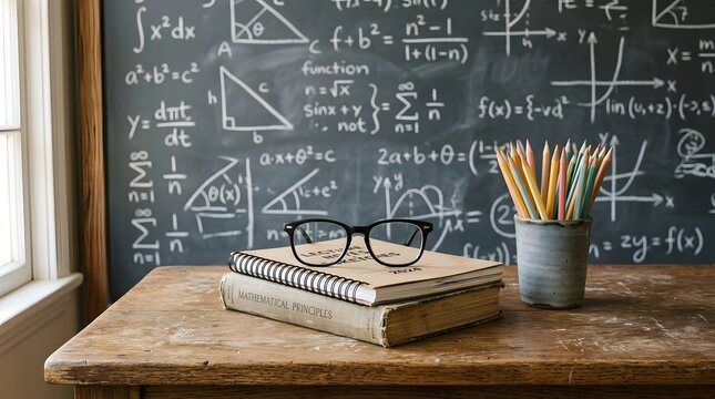 Mathematics classroom setup with books glasses and pencils on a desk