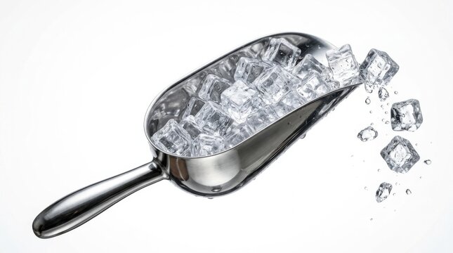 Stainless Steel Ice Scoop with Ice Cubes on White