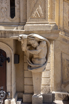 Front door and Rococo portal of medieval Town Hall with Atlas statue, Gdansk, Poland