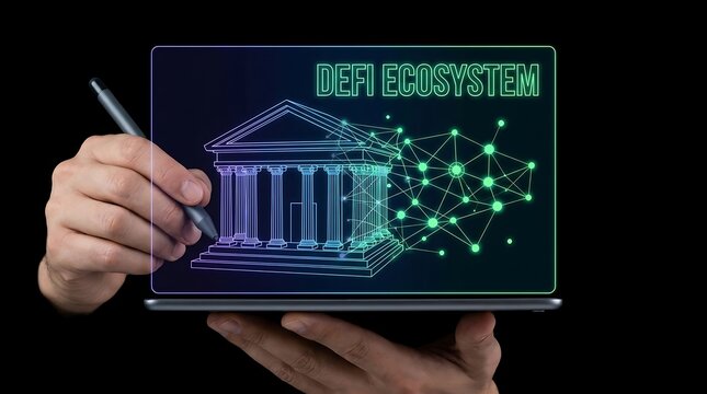 Decentralized Finance Ecosystem Visualized on a Digital Tablet.