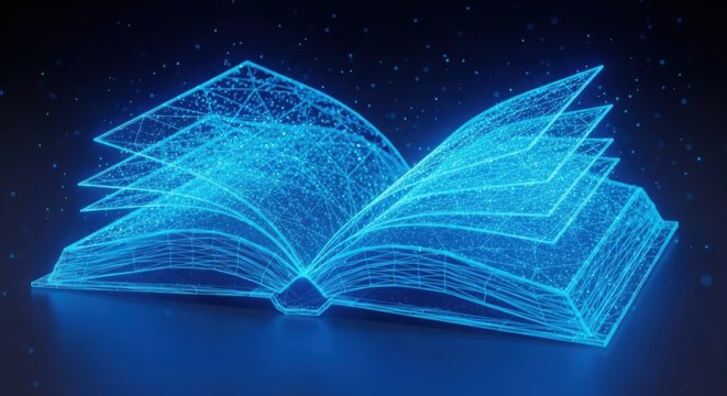 Glowing blue digital book with magic stars and light illustration
