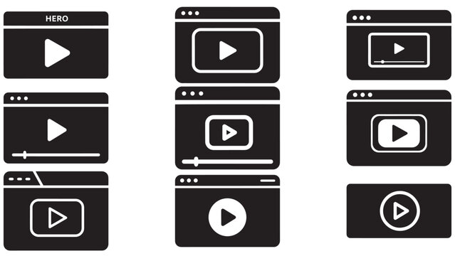 Dark video player interface mockups with multiple browser window layouts and play button icons for web design presentation