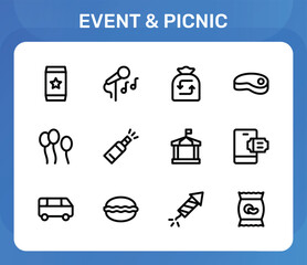 Fototapeta premium Event and Picnic icon set. Editable line icons. Professional and modern outline icon pack vector illustration showcasing outdoor leisure and celebration items in a sleek design.